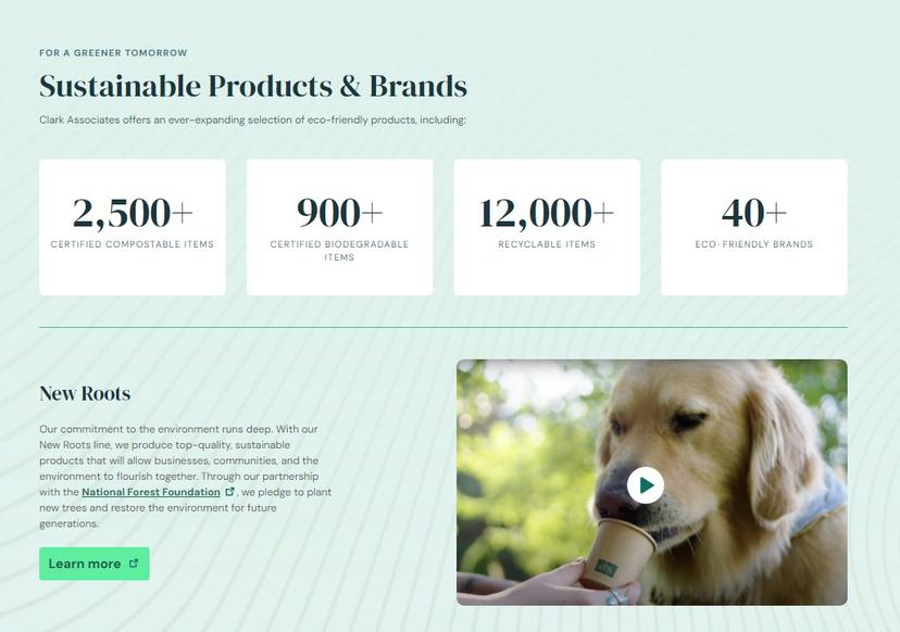 screenshot of website with sustainability statistics, articles, and a dog drinking from a cardboard cup